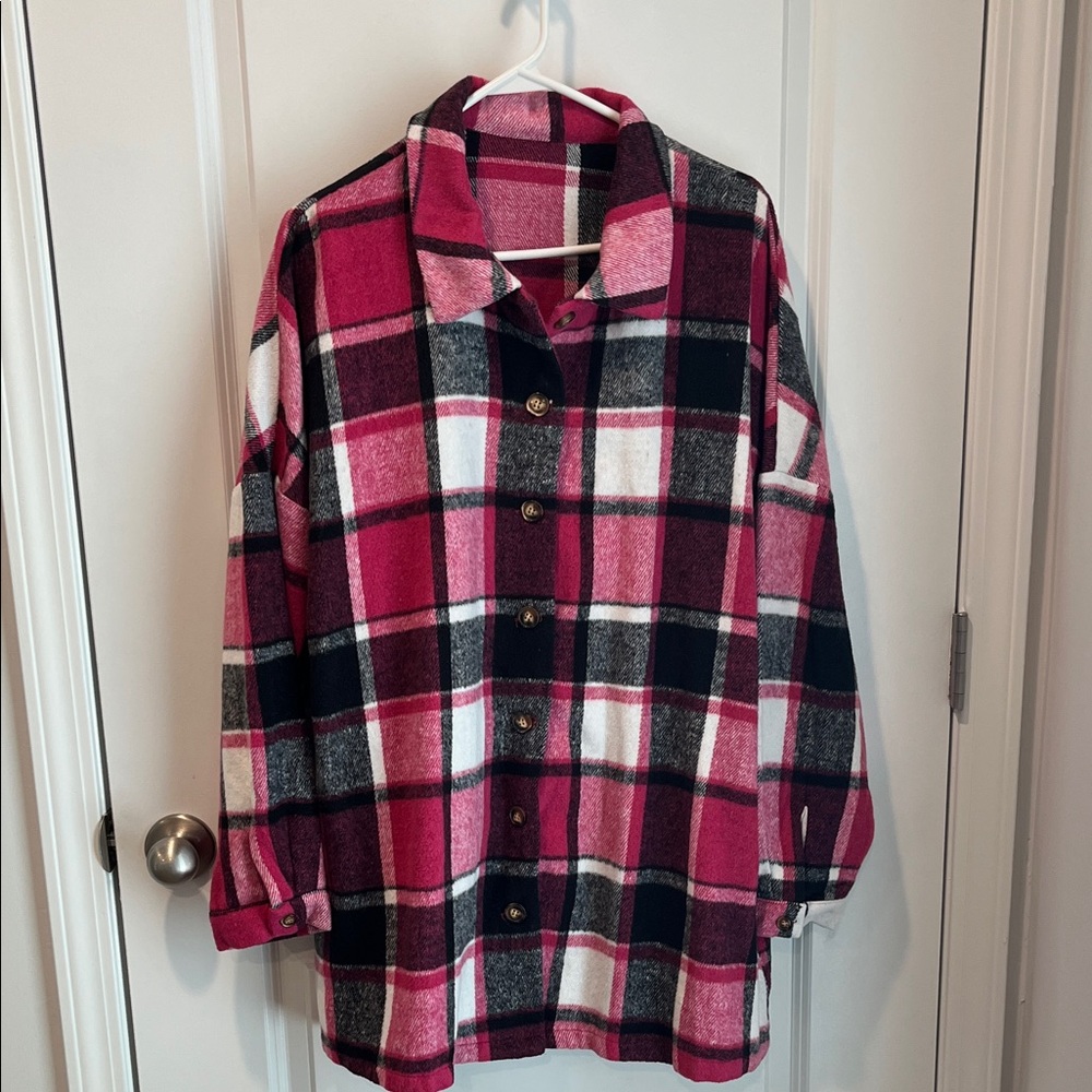 Plaid Button-Up Coat in Pink and Black